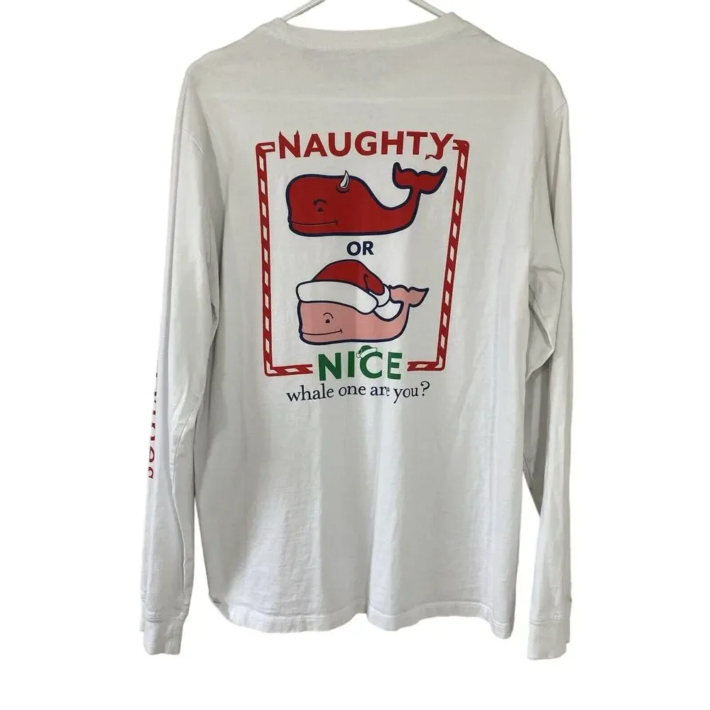 Vineyard Vines Adult Small Long Sleeve Cotton T-Shirt Naughty Or Nice Whale Logo